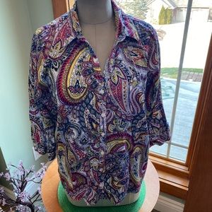 Ladies XL 97% cotton 3% spandex Dana Buchman colorful blouse. Nice for Spring!